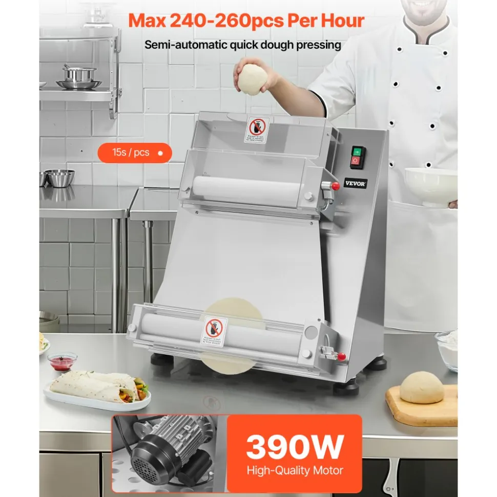 VEVOR Pizza Dough Roller Sheeter, 3-16 Inch Semi-automatic Stainless Steel Pizza Press, Commercial Electric 390W Pasta Maker Machine, 260 pcs Per Hour, Adjustable Thickness, with Dough Press Lid