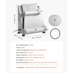VEVOR Pizza Dough Roller Sheeter, 3-16 Inch Semi-automatic Stainless Steel Pizza Press, Commercial Electric 390W Pasta Maker Machine, 260 pcs Per Hour, Adjustable Thickness, with Dough Press Lid