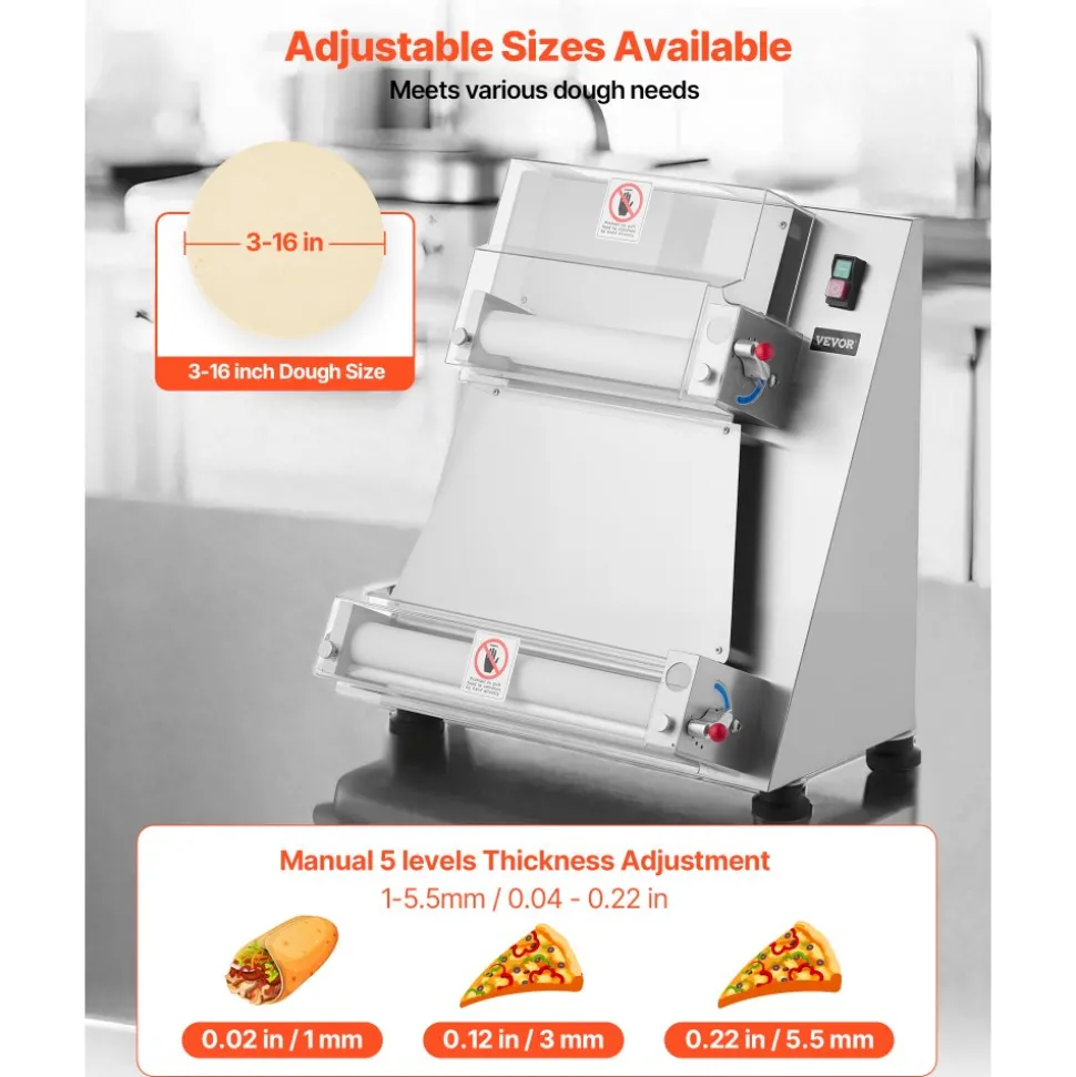 VEVOR Pizza Dough Roller Sheeter, 3-16 Inch Semi-automatic Stainless Steel Pizza Press, Commercial Electric 390W Pasta Maker Machine, 260 pcs Per Hour, Adjustable Thickness, with Dough Press Lid