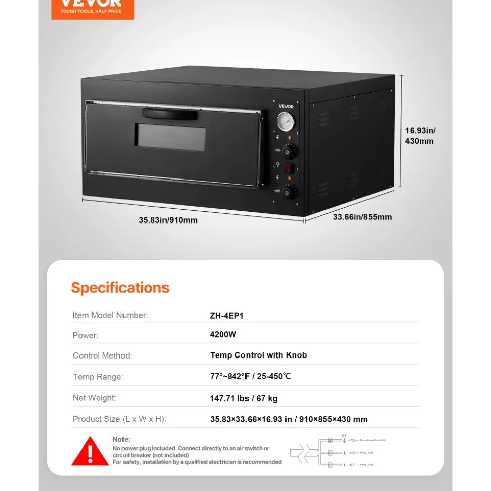 VEVOR Pizza Oven Electric, 24" Commercial Countertop Pizza Oven, 842°F Max Temp, 4200W Indoor Pizza Maker with Thermometer, Dual Temp Control Knob, Even Heat Pizza Cooker for Restaurant and Home Use