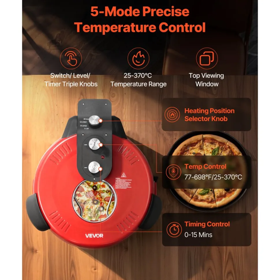 VEVOR Pizza Oven, 14 in Electric Pizza Maker, 1600W Electric Pizzas Cooker with Cordierite Stone, 5-Mode Temperature Control, Viewing Window for Precise Cooking, Heats up to 698 ˚F, for Home Kitchen