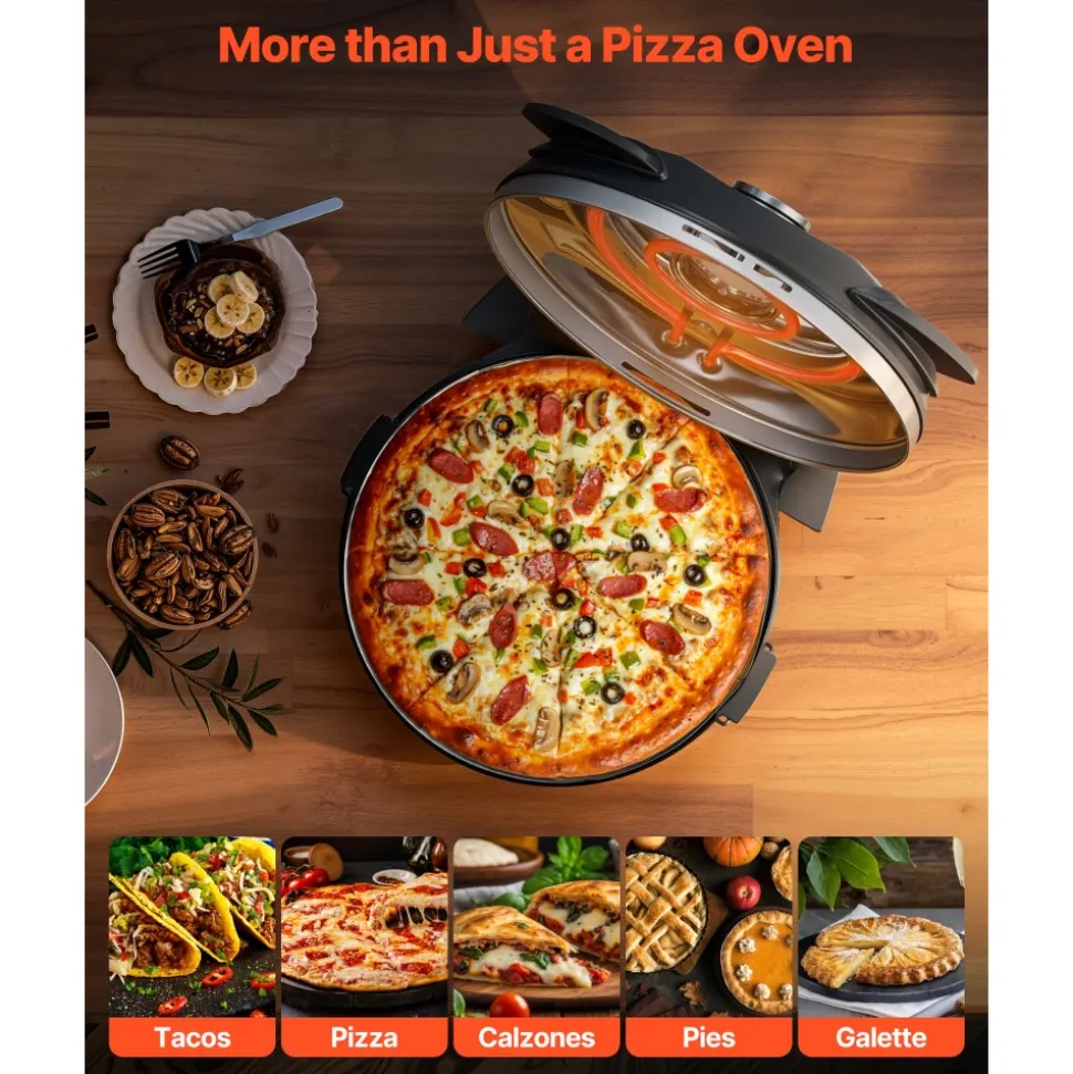 VEVOR Pizza Oven, 12 in Electric Pizza Maker, 1200W Electric Pizzas Cooker with Cordierite Stone, 5-Mode Temperature Control, Viewing Window for Precise Cooking, Heats up to 788 ˚F, for Home (Black)