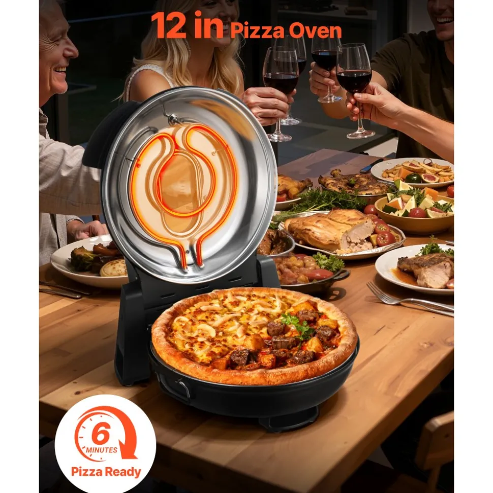 VEVOR Pizza Oven, 12 in Electric Pizza Maker, 1200W Electric Pizzas Cooker with Cordierite Stone, 5-Mode Temperature Control, Viewing Window for Precise Cooking, Heats up to 788 ˚F, for Home (Black)