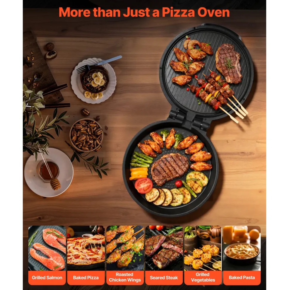 VEVOR Pizza Oven, 12 in Electric Pizza Maker, 1200W Electric Pizzas Cooker with Non-Stick Coating, 180° Open for Dual Side Baking, Heats up to 410 ˚F, Multi-Function Cooking, for Pizzas, Barbecue