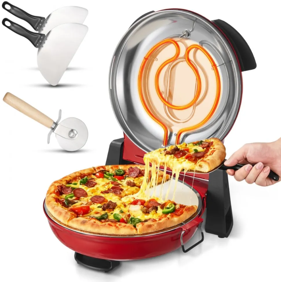 VEVOR Pizza Oven, 12 in Electric Pizza Maker, 1200W Electric Pizzas Cooker with Cordierite Stone, 5-Mode Temperature Control, Viewing Window for Precise Cooking, Heats up to 788 ˚F, for Home (Red)