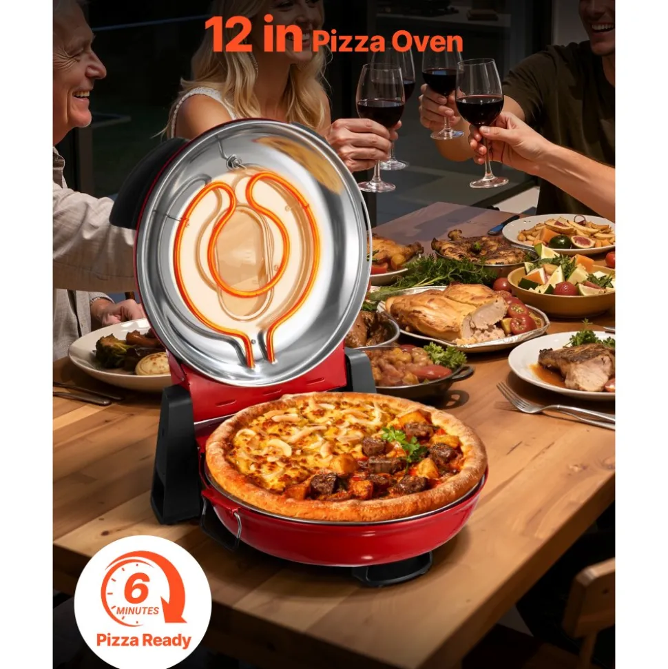 VEVOR Pizza Oven, 12 in Electric Pizza Maker, 1200W Electric Pizzas Cooker with Cordierite Stone, 5-Mode Temperature Control, Viewing Window for Precise Cooking, Heats up to 788 ˚F, for Home (Red)