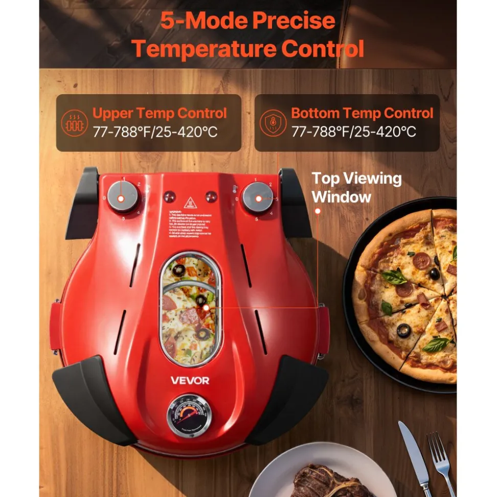 VEVOR Pizza Oven, 12 in Electric Pizza Maker, 1200W Electric Pizzas Cooker with Cordierite Stone, 5-Mode Temperature Control, Viewing Window for Precise Cooking, Heats up to 788 ˚F, for Home (Red)