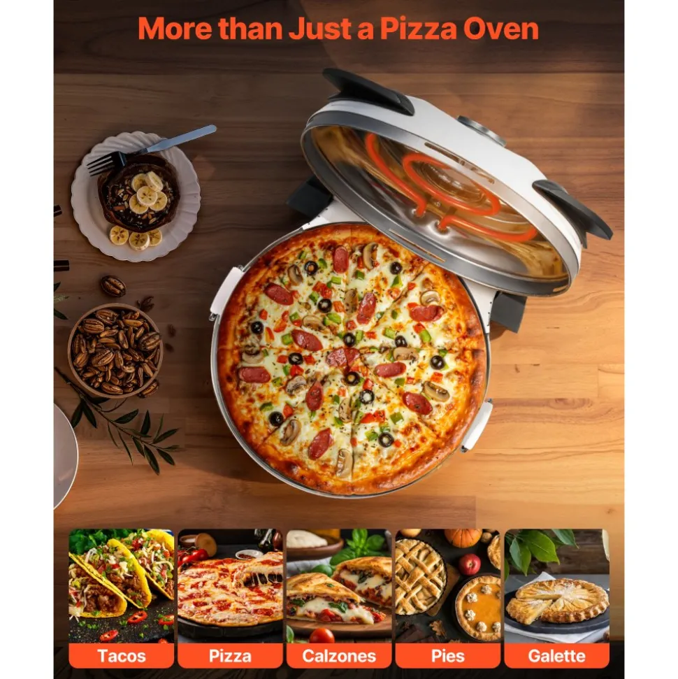 VEVOR Pizza Oven, 12 in Electric Pizza Maker, 1200W Electric Pizzas Cooker with Cordierite Stone, 5-Mode Temperature Control, Viewing Window for Precise Cooking, Heats up to 788 ˚F, for Home (White)