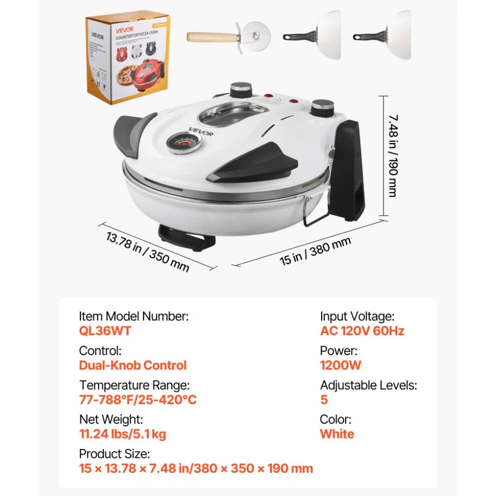 VEVOR Pizza Oven, 12 in Electric Pizza Maker, 1200W Electric Pizzas Cooker with Cordierite Stone, 5-Mode Temperature Control, Viewing Window for Precise Cooking, Heats up to 788 ˚F, for Home (White)