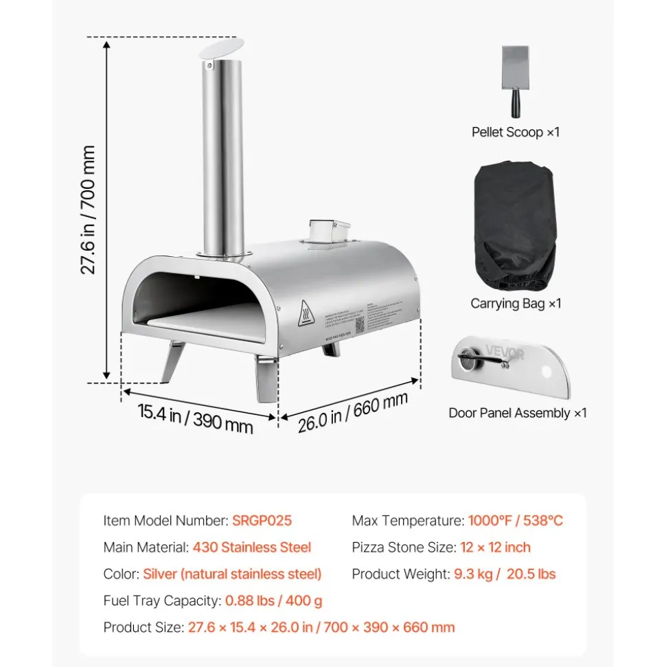 VEVOR Pizza Oven Outdoor, 12" Pellet Pizza Oven, Portable Pizza-Stove with Built-in Thermometer, Wood Fired Stainless Steel Pizza-Maker, for Backyard, Camping, Pizza-Stone, Shovel, Carry Bag, Silver