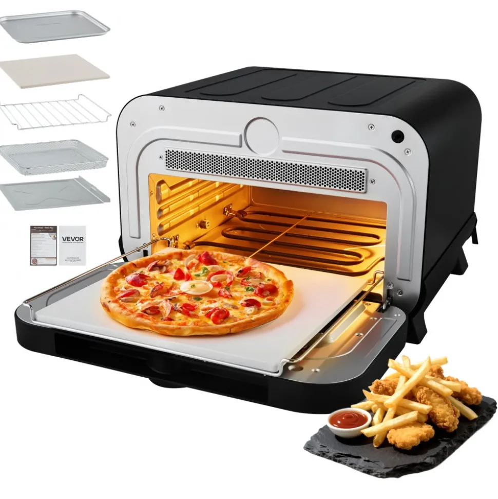 VEVOR Pizza Oven, 8 Presets Electric Pizza Ovens Air Fry Combo, 12-Inch Indoor Pizza Maker Smart Knob Control , 750°F Max Temp, IPX4 Waterproof Countertop Pizza Cooker w/Pizza Stone,Fry Basket