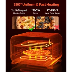 VEVOR Pizza Oven, 8 Presets Electric Pizza Ovens Air Fry Combo, 12-Inch Indoor Pizza Maker Smart Knob Control , 750°F Max Temp, IPX4 Waterproof Countertop Pizza Cooker w/Pizza Stone,Fry Basket