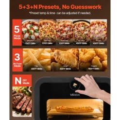 VEVOR Pizza Oven, 8 Presets Electric Pizza Ovens Air Fry Combo, 12-Inch Indoor Pizza Maker Smart Knob Control , 750°F Max Temp, IPX4 Waterproof Countertop Pizza Cooker w/Pizza Stone,Fry Basket