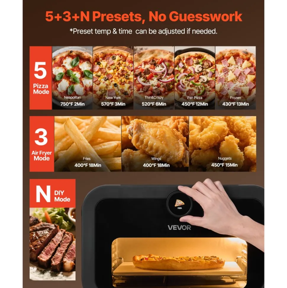 VEVOR Pizza Oven, 8 Presets Electric Pizza Ovens Air Fry Combo, 12-Inch Indoor Pizza Maker Smart Knob Control , 750°F Max Temp, IPX4 Waterproof Countertop Pizza Cooker w/Pizza Stone,Fry Basket