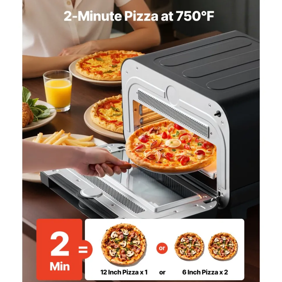 VEVOR Pizza Oven, 8 Presets Electric Pizza Ovens Air Fry Combo, 12-Inch Indoor Pizza Maker Smart Knob Control , 750°F Max Temp, IPX4 Waterproof Countertop Pizza Cooker w/Pizza Stone,Fry Basket