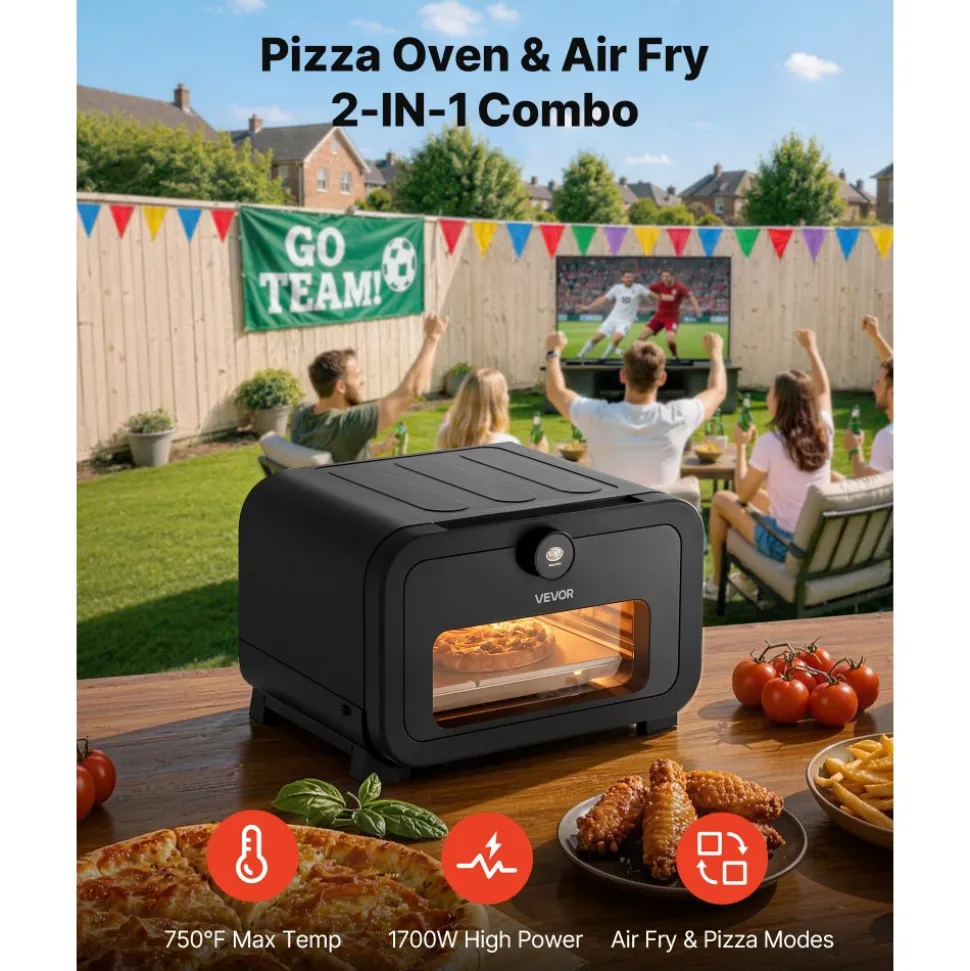 VEVOR Pizza Oven, 8 Presets Electric Pizza Ovens Air Fry Combo, 12-Inch Indoor Pizza Maker Smart Knob Control , 750°F Max Temp, IPX4 Waterproof Countertop Pizza Cooker w/Pizza Stone,Fry Basket