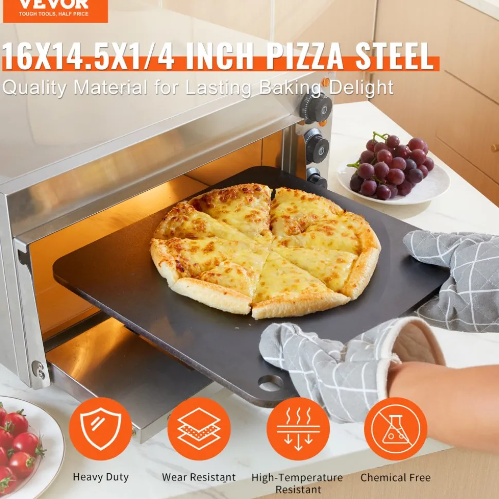 VEVOR Pizza Steel, 16" x 14.5" x 1/4" Pizza Steel Plate for Oven, Pre-Seasoned Carbon Steel Pizza Baking Stone with 20X Higher Conductivity, Heavy Duty Pizza Pan for Outdoor Grill, Indoor Oven