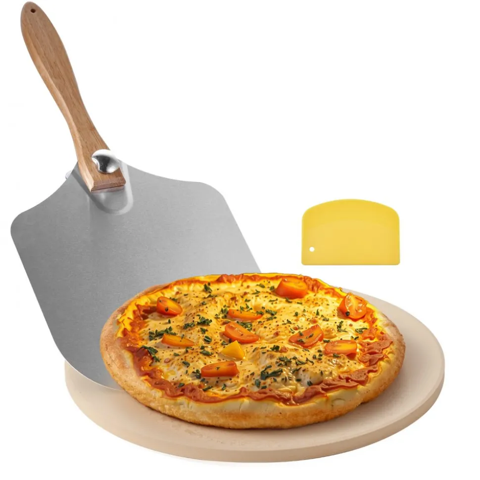 VEVOR Pizza Stone, 15 in Round Pizza Stone, 0.67 in Large Cordierite Baking-Stone with Metal Peel, Scrape, 1450℉ Heat-Resistant Cooking Stones, for Kitchen Oven, Baking Pizzas, BBQ Grilling