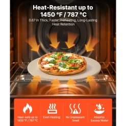 VEVOR Pizza Stone, 15 in Round Pizza Stone, 0.67 in Large Cordierite Baking-Stone with Metal Peel, Scrape, 1450℉ Heat-Resistant Cooking Stones, for Kitchen Oven, Baking Pizzas, BBQ Grilling