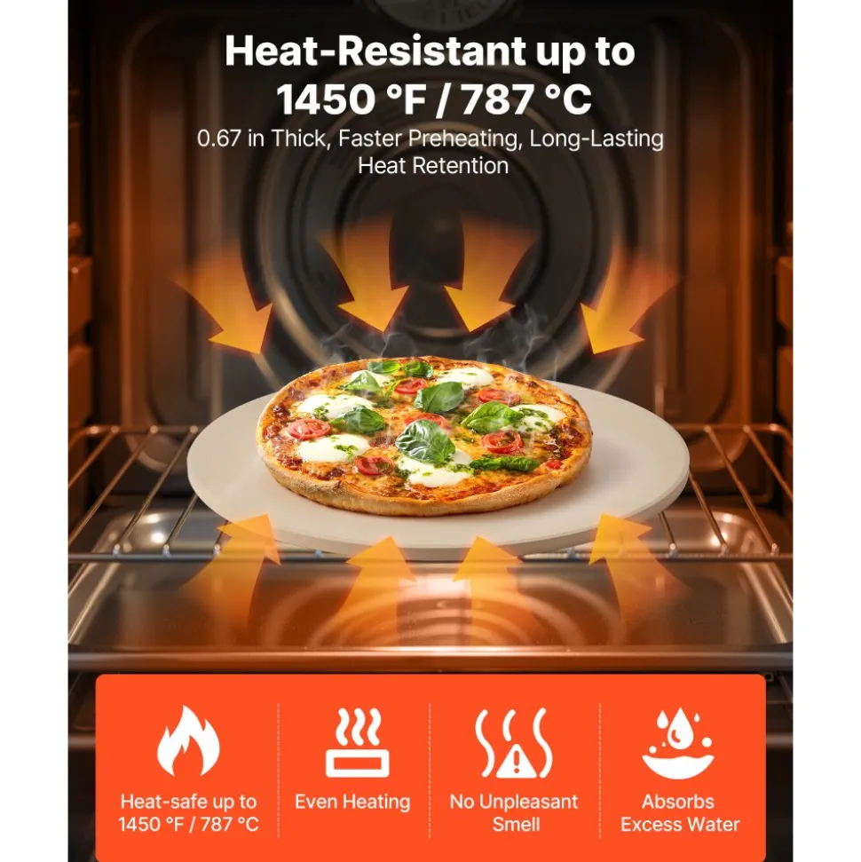 VEVOR Pizza Stone, 15 in Round Pizza Stone, 0.67 in Large Cordierite Baking-Stone with Metal Peel, Scrape, 1450℉ Heat-Resistant Cooking Stones, for Kitchen Oven, Baking Pizzas, BBQ Grilling