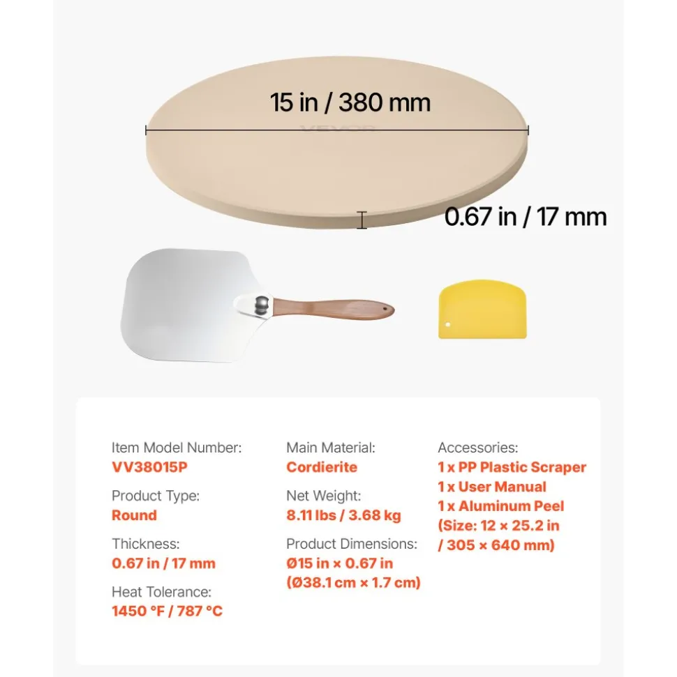 VEVOR Pizza Stone, 15 in Round Pizza Stone, 0.67 in Large Cordierite Baking-Stone with Metal Peel, Scrape, 1450℉ Heat-Resistant Cooking Stones, for Kitchen Oven, Baking Pizzas, BBQ Grilling