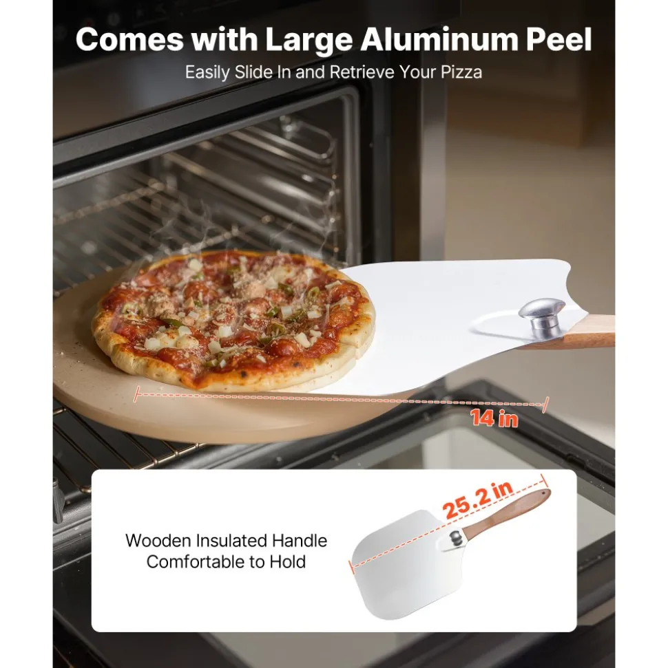 VEVOR Pizza Stone, 15 in Round Pizza Stone, 0.67 in Large Cordierite Baking-Stone with Metal Peel, Scrape, 1450℉ Heat-Resistant Cooking Stones, for Kitchen Oven, Baking Pizzas, BBQ Grilling