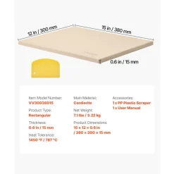 VEVOR Pizza Stone, 15 x 12 in Rectangular Cordierite Pizza Stone, Extra Large Baking-Stone with Scraper, 0.6 in Thick Heat-Resistant Cordierite, for Kitchen Oven, Baking Bread & Pizzas, BBQ Grilling