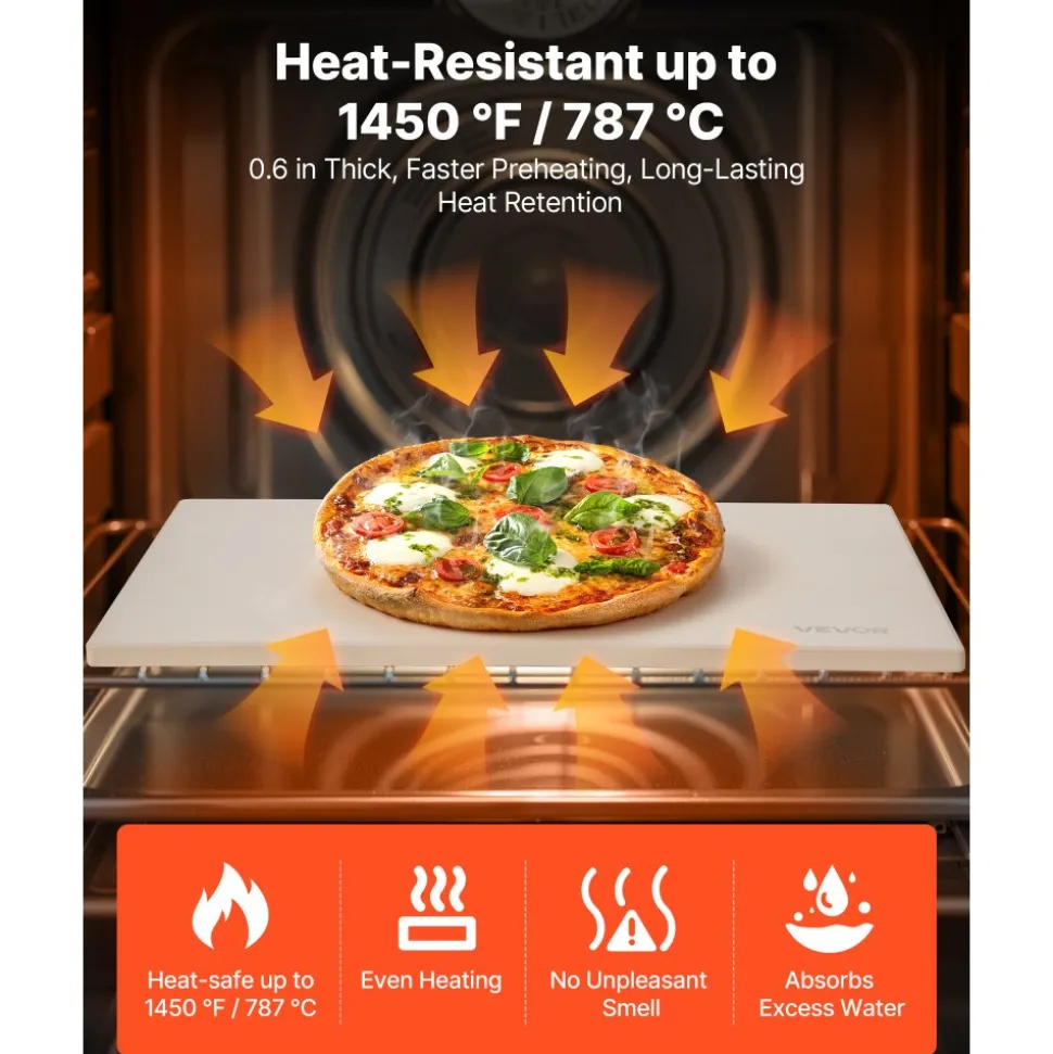 VEVOR Pizza Stone, 16 x 14 x 0.6 Inch Rectangular Cordierite Pizza Stone, Large Baking-Stone with Scraper, 1450℉ Heat-Resistant Cordierite Cooking Stones for Kitchen Bake Oven, BBQ Grilling