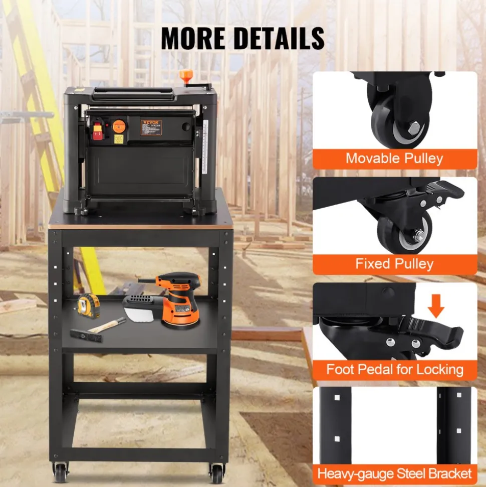 VEVOR Planer Stand, 100 lbs / 45 kg heavy loads, Three-Gear Height Adjustable Thickness Planer Table,with 4 Stable Casters & Storage Space, for most planers, saws, bench-top machines, power tools
