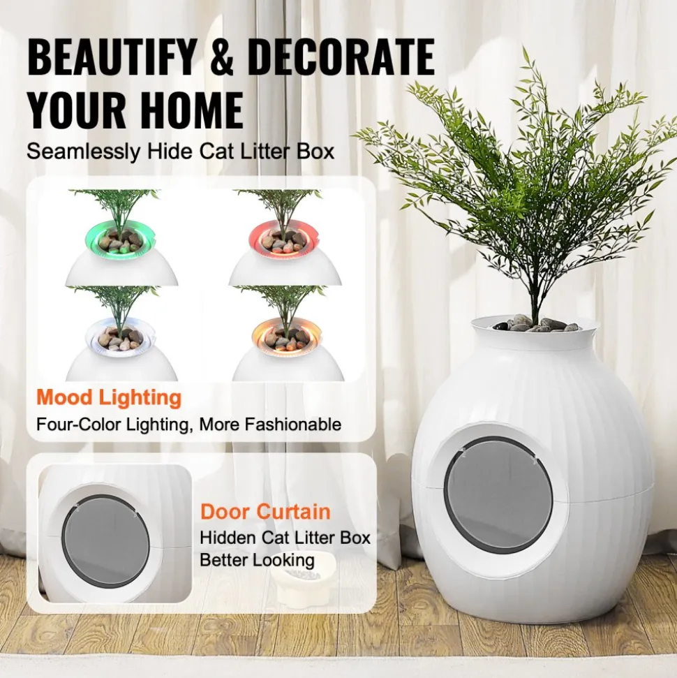 VEVOR Plant Cat Litter Box, Smart Odor Control System, Hidden Cat Litter Box with 9.48 in Large Entrance, Lighting Decoration & Sturdy ABS Material, Fit for Living Room/Corner/Outdoor Pool/Patio