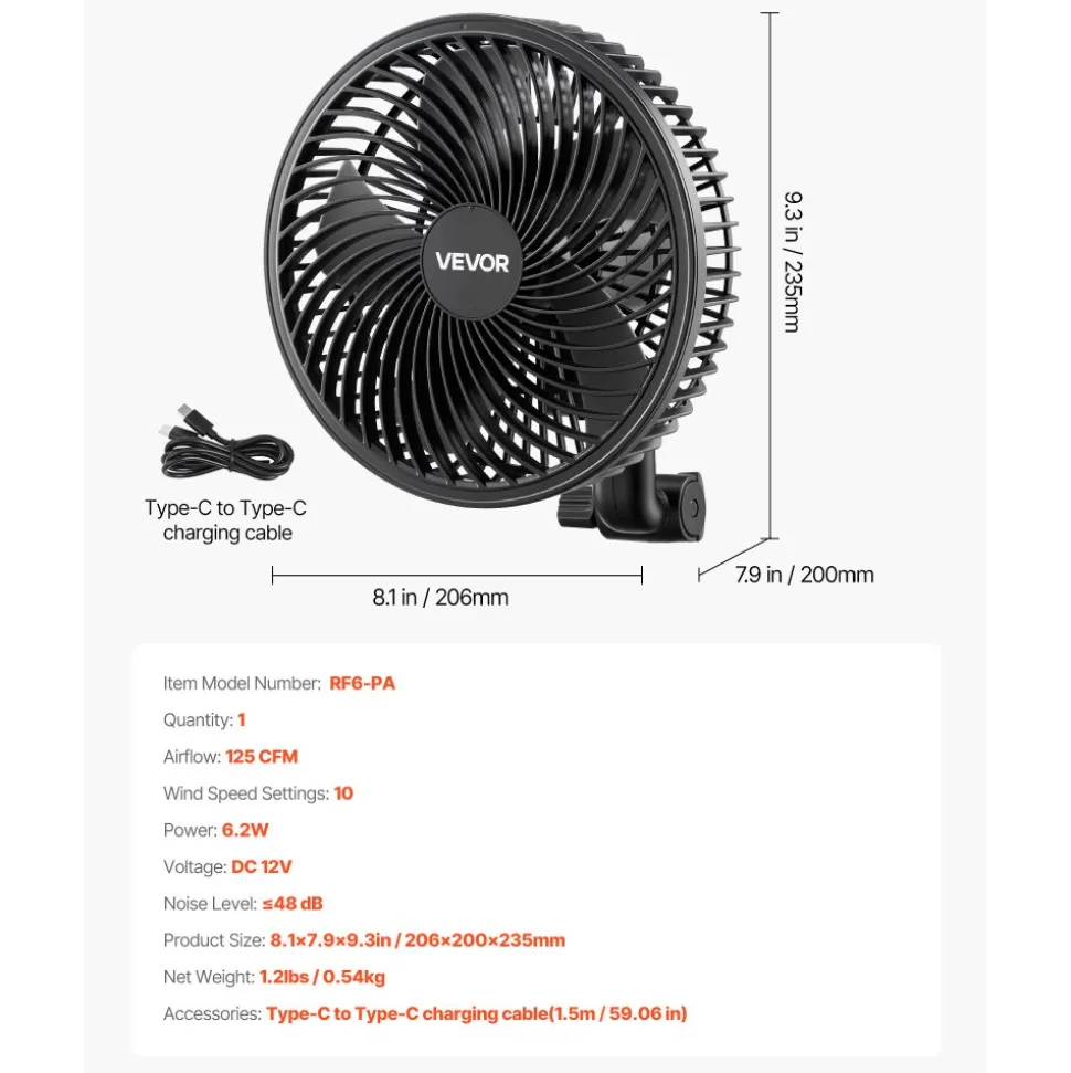 VEVOR Plant Fan, Grow Tent Clip On Fan, Type-C Port with 9 Speeds & Circulation Mode, Smart Control, Powerful Oscillating, for Hydroponics Circulation Cooling, Black, 1 Pack