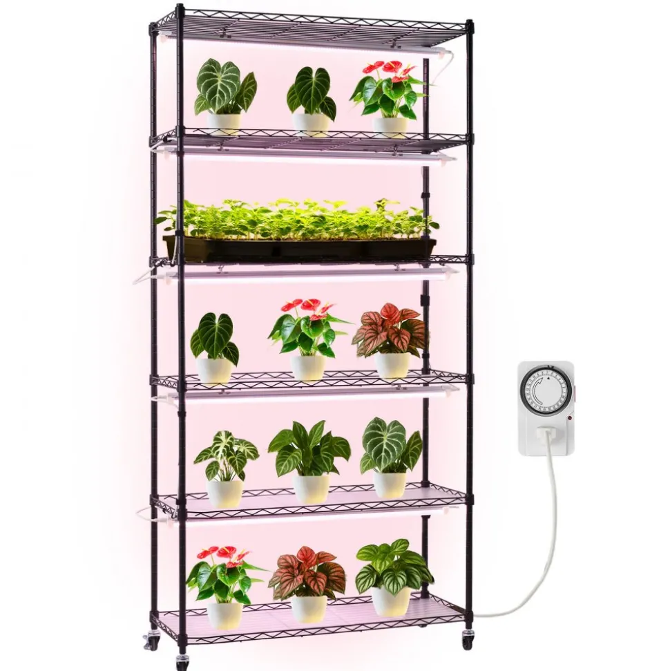 VEVOR Plant Shelf with Grow Light, 6-Tier Indoor Plant Stand, 71in Tall Indoor Plants Display Rack with Wheels & Timer, 150W 3800K Full Spectrum Grow Lights, Metal Flower Pot Holder for Seed Starting