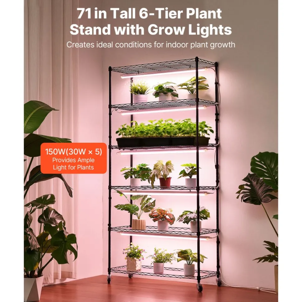 VEVOR Plant Shelf with Grow Light, 6-Tier Indoor Plant Stand, 71in Tall Indoor Plants Display Rack with Wheels & Timer, 150W 3800K Full Spectrum Grow Lights, Metal Flower Pot Holder for Seed Starting