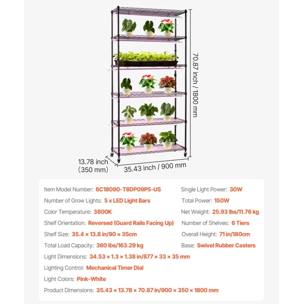 VEVOR Plant Shelf with Grow Light, 6-Tier Indoor Plant Stand, 71in Tall Indoor Plants Display Rack with Wheels & Timer, 150W 3800K Full Spectrum Grow Lights, Metal Flower Pot Holder for Seed Starting
