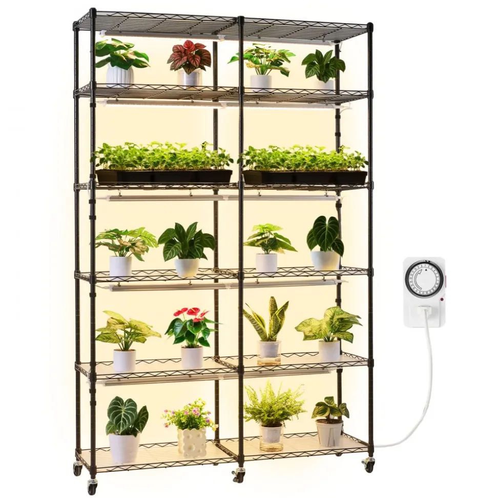 VEVOR Plant Shelf with Grow Light, 6-Tier Indoor Plant Stand, 71in Tall Plants Display Rack with Wheels & 4/9/14H Timer, 150W 3-Color Full Spectrum Grow Lights, Flower Pot Holder for Seed Starting