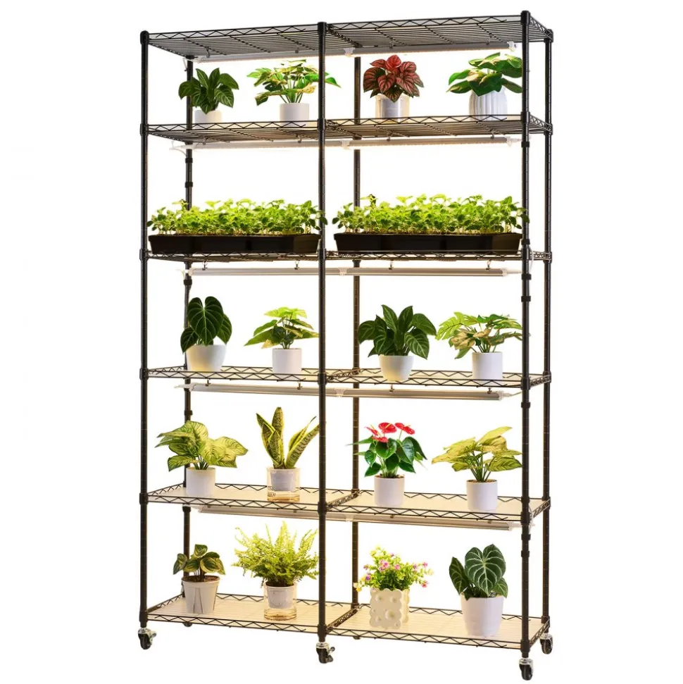 VEVOR Plant Shelf with Grow Light, 6-Tier Indoor Plant Stand, 71in Tall Plants Display Rack with Wheels & 4/9/14H Timer, 150W 3-Color Full Spectrum Grow Lights, Flower Pot Holder for Seed Starting