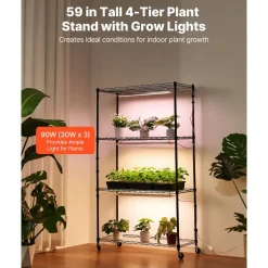VEVOR Plant Shelf with Grow Light, 4-Tier Indoor Plant Stand, 59in Tall Plants Display Rack with Wheels, 90W 3-Color Full Spectrum Grow Lights, Heavy Duty Metal Flower Pot Holder for Seed Starting