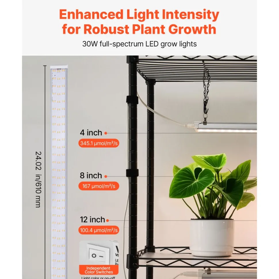 VEVOR Plant Shelf with Grow Light, 4-Tier Indoor Plant Stand, 59in Tall Plants Display Rack with Wheels, 90W 3-Color Full Spectrum Grow Lights, Heavy Duty Metal Flower Pot Holder for Seed Starting