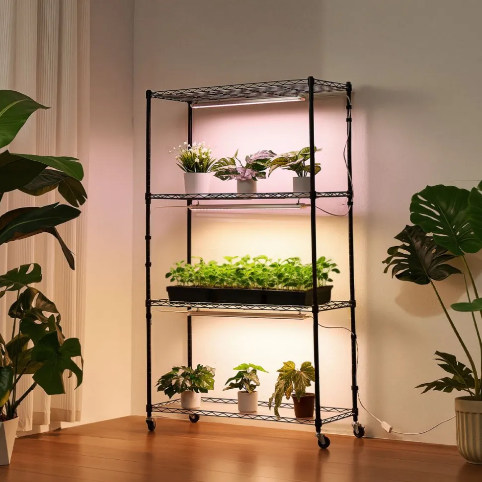 VEVOR Plant Shelf with Grow Light, 4-Tier Indoor Plant Stand, 59in Tall Plants Display Rack with Wheels, 90W 3-Color Full Spectrum Grow Lights, Heavy Duty Metal Flower Pot Holder for Seed Starting