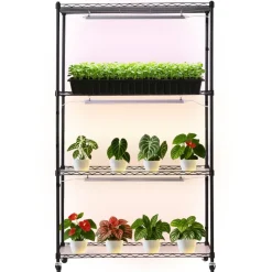 VEVOR Plant Shelf with Grow Light, 4-Tier Indoor Plant Stand, 59in Tall Plants Display Rack with Wheels, 90W 3-Color Full Spectrum Grow Lights, Heavy Duty Metal Flower Pot Holder for Seed Starting