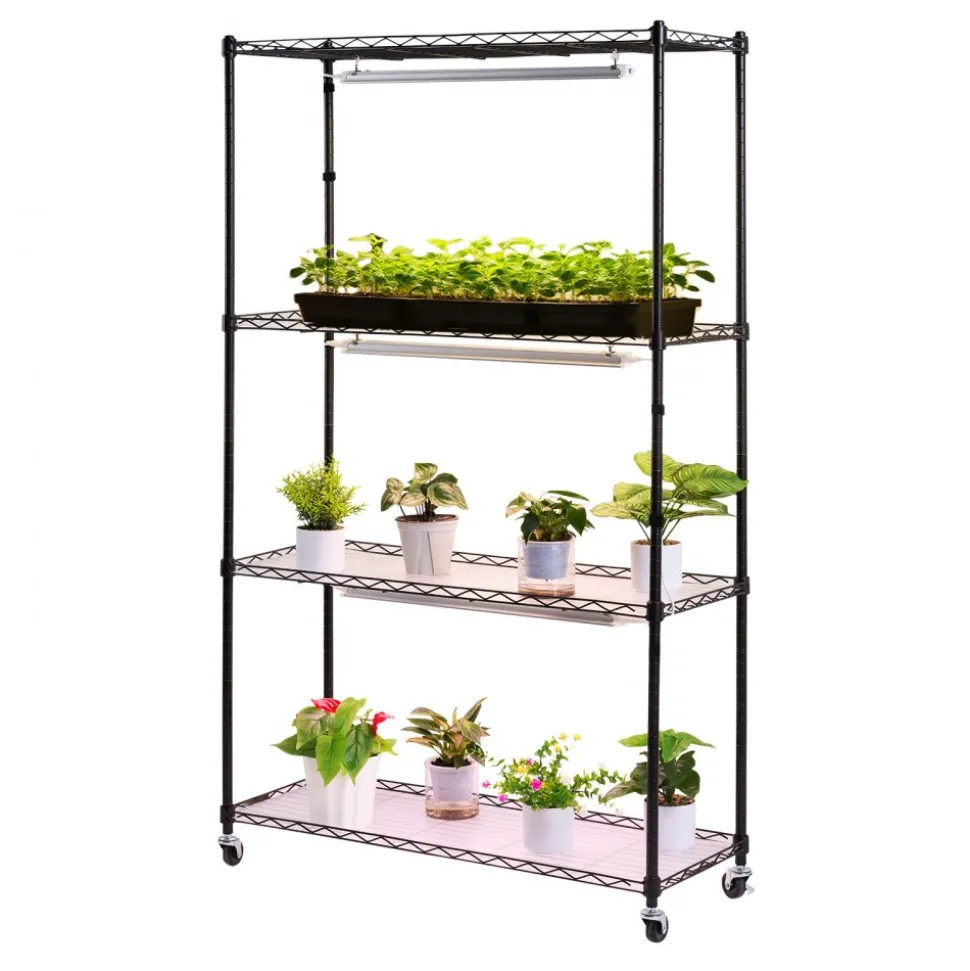 VEVOR Plant Shelf with Grow Light, 4-Tier Indoor Plant Stand, 59in Tall Plants Display Rack with Wheels, 90W 3-Color Full Spectrum Grow Lights, Heavy Duty Metal Flower Pot Holder for Seed Starting