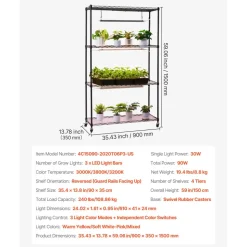 VEVOR Plant Shelf with Grow Light, 4-Tier Indoor Plant Stand, 59in Tall Plants Display Rack with Wheels, 90W 3-Color Full Spectrum Grow Lights, Heavy Duty Metal Flower Pot Holder for Seed Starting
