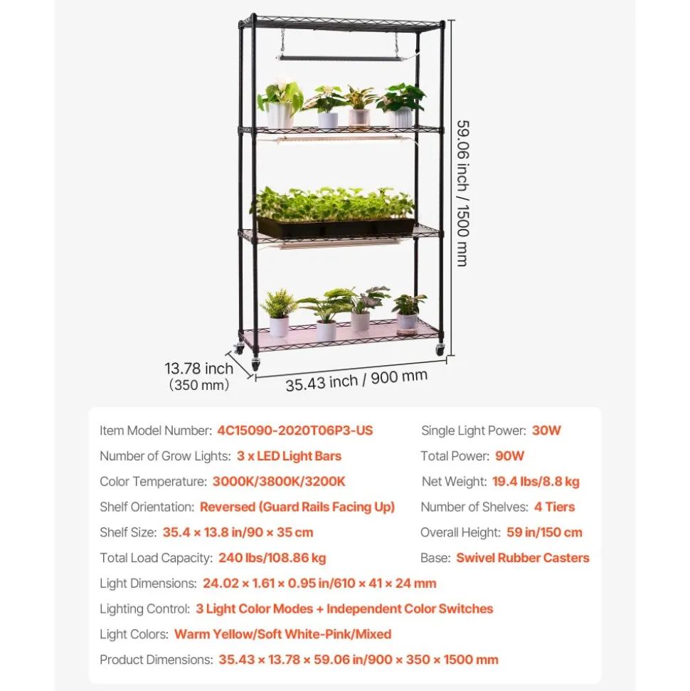 VEVOR Plant Shelf with Grow Light, 4-Tier Indoor Plant Stand, 59in Tall Plants Display Rack with Wheels, 90W 3-Color Full Spectrum Grow Lights, Heavy Duty Metal Flower Pot Holder for Seed Starting
