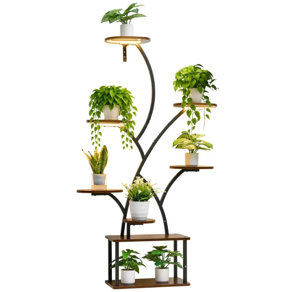 VEVOR Plant Stand Indoor with Grow Lights, 62 in Tall 8-Tier Lighted Plant Shelf, Metal Corner Plants Holder, 3 Timer & 10 Brightness, Tree-Shaped Flower Display Rack for Living Room Balcony Decor