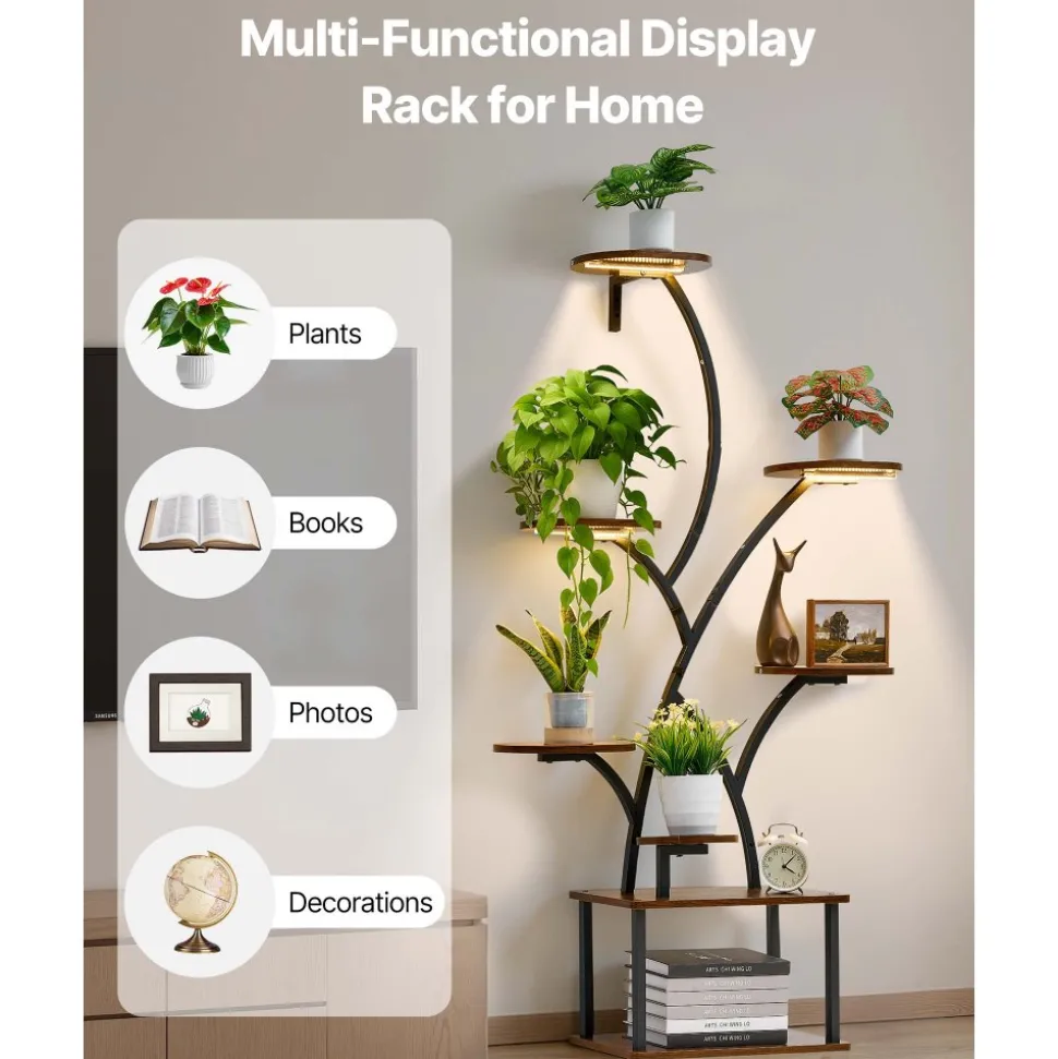 VEVOR Plant Stand Indoor with Grow Lights, 62 in Tall 8-Tier Lighted Plant Shelf, Metal Corner Plants Holder, 3 Timer & 10 Brightness, Tree-Shaped Flower Display Rack for Living Room Balcony Decor