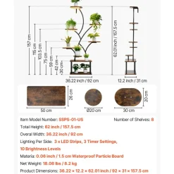 VEVOR Plant Stand Indoor with Grow Lights, 62 in Tall 8-Tier Lighted Plant Shelf, Metal Corner Plants Holder, 3 Timer & 10 Brightness, Tree-Shaped Flower Display Rack for Living Room Balcony Decor