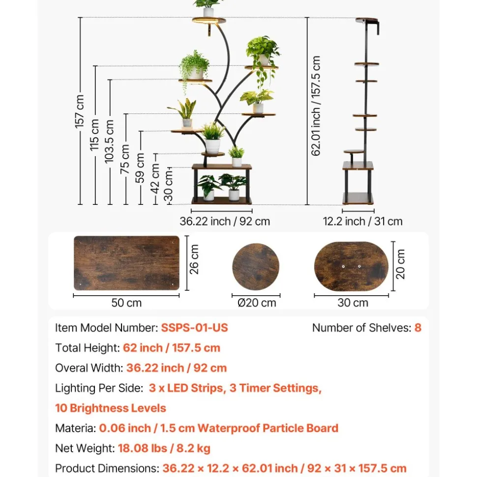VEVOR Plant Stand Indoor with Grow Lights, 62 in Tall 8-Tier Lighted Plant Shelf, Metal Corner Plants Holder, 3 Timer & 10 Brightness, Tree-Shaped Flower Display Rack for Living Room Balcony Decor