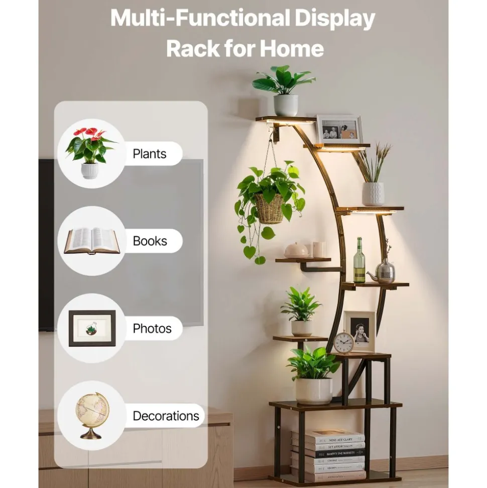 VEVOR Plant Stand Indoor with Grow Lights, 63 in Tall 9-Tier Lighted Plant Shelf, Metal Corner Plants Holder, 3 Timer & 10 Brightness, Curve-Shaped Flower Display Rack for Living Room Balcony Decor