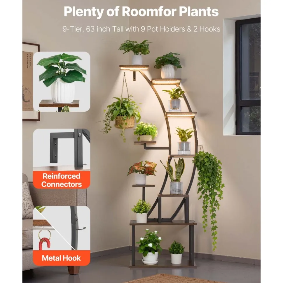 VEVOR Plant Stand Indoor with Grow Lights, 63 in Tall 9-Tier Lighted Plant Shelf, Metal Corner Plants Holder, 3 Timer & 10 Brightness, Curve-Shaped Flower Display Rack for Living Room Balcony Decor
