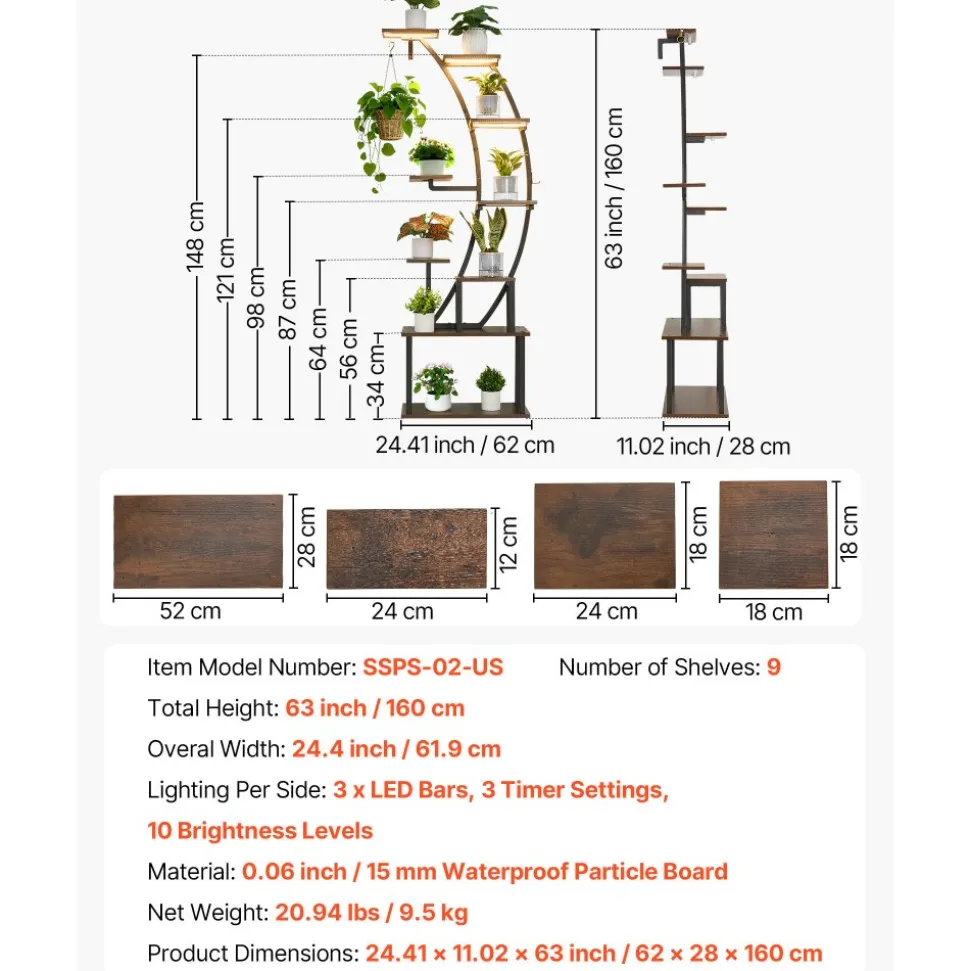 VEVOR Plant Stand Indoor with Grow Lights, 63 in Tall 9-Tier Lighted Plant Shelf, Metal Corner Plants Holder, 3 Timer & 10 Brightness, Curve-Shaped Flower Display Rack for Living Room Balcony Decor